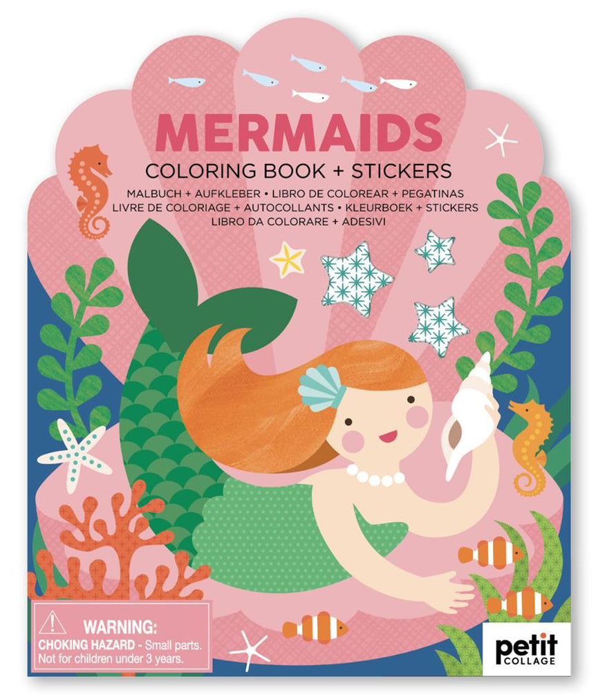 Mermaids coloring book and stickers set with a pink cover featuring a mermaid and ocean elements.